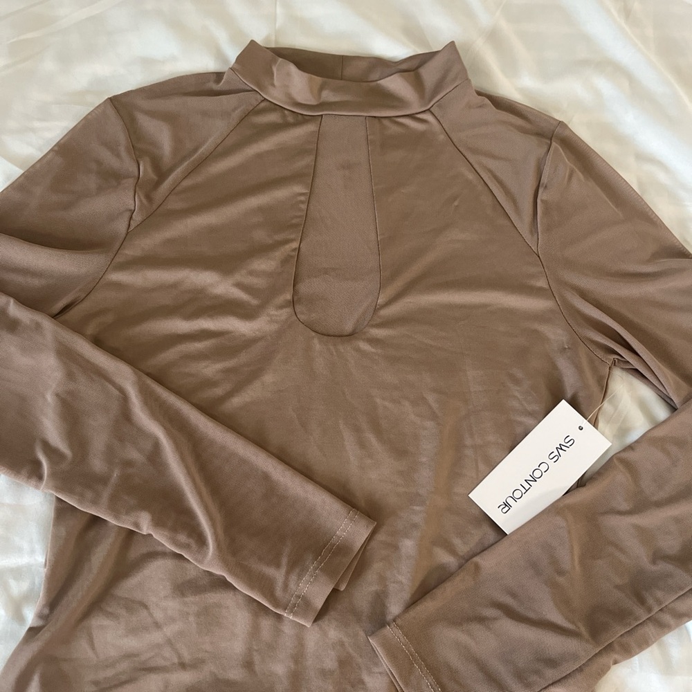 Tan Fitted Long Sleeve Bodysuit with Mandarin Collar